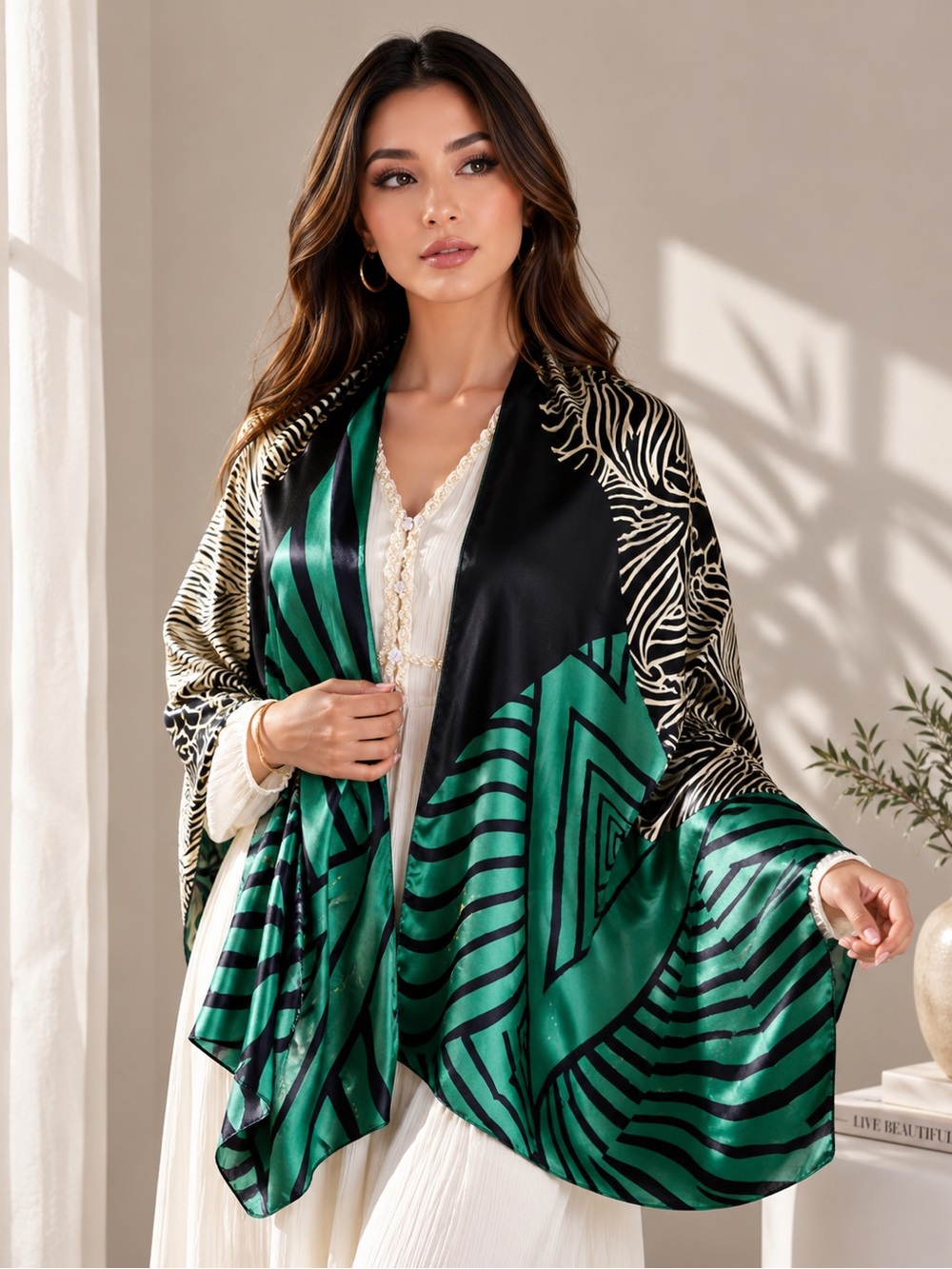 100% Mulberry Silk Green & Black Patterned Scarf Shawl